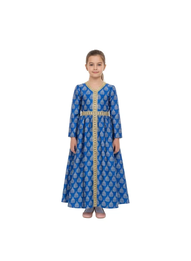 دىدانيالا عباية جلابية زرقاء مطرزة من دانييلا - نور، مزينة بحزام وأكمام برباط، للبنات